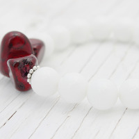 Coral Red Alabaster White bead bracelet / fresh natural / silver burgundy rich - Thumbnail 2