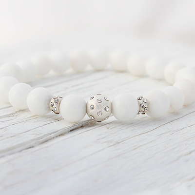 White jade sterling silver rhinestone beaded bracelet
