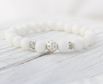 White Jade Sterling Silver Rhinestone beaded bracelet