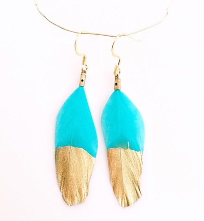 Turquoise Gold-Dipped Feather Earrings 