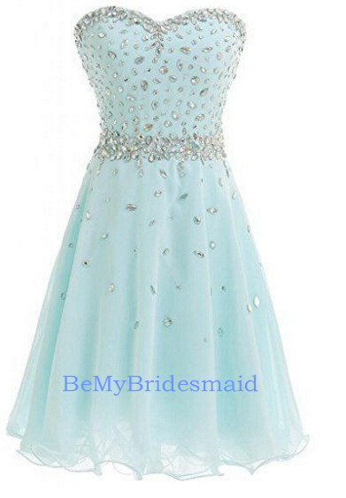 Beautiful Mint Bue Handmade Chiffon Short Prom Dress with Beadings, Homecoming Dreses, Cute Formal Dresses