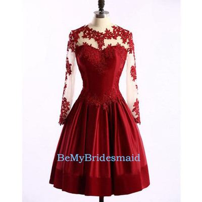 Lovely satin wine red knee length prom dresses 2017 with lace applique, short prom dresses, evening dresses