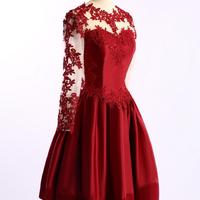 Lovely Satin Wine Red Knee Length Prom Dresses 2017 with Lace Applique, Short Prom Dresses, Evening Dresses - Thumbnail 1