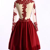 Lovely Satin Wine Red Knee Length Prom Dresses 2017 with Lace Applique, Short Prom Dresses, Evening Dresses - Thumbnail 2