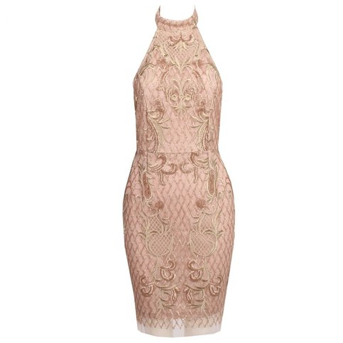 Gold Sequined Lace Nippon Flower Bodycon Dress