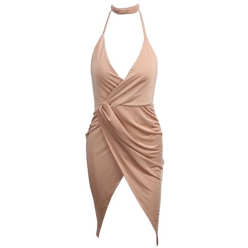 Nude V-Neck Cross Changeable Backless Wrap Drape Dress 