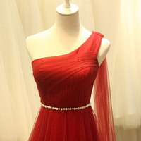 Beautiful One Shoulder Handmade Dark Red Tulle Long Prom Dresses 2017, Prom Dresses 2017, Party Dresses - Thumbnail 1