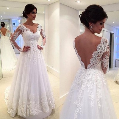 A line lace wedding dress with long sleeves pwd0013