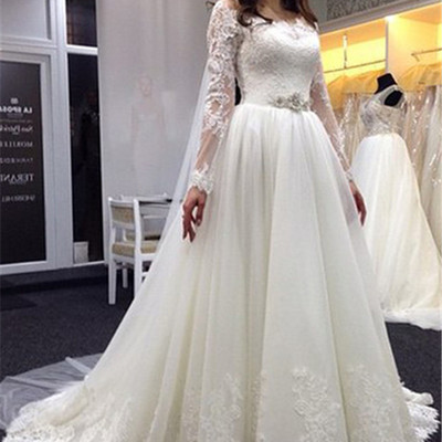 Lace wedding dress with long sleeves chapel train pwd0032
