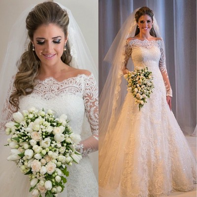 Lace wedding dress long sleeves zipper back pwd0042