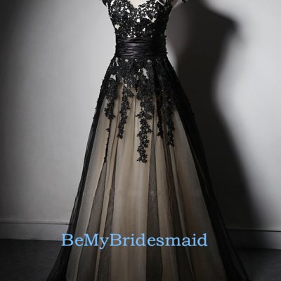 Beautiful tulle black lace applique a-line long prom dresses, black evening dresses, party gowns