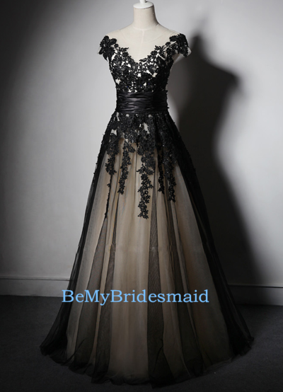Beautiful Tulle Black Lace Applique A-line Long Prom dresses, Black Evening Dresses, Party Gowns