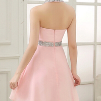 Cute Pink Handmade Halter Short Prom Dress with Sequins, Cute Homecoming Dresses, Party Dresses - Thumbnail 1
