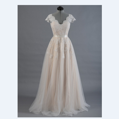 Tulle and lace wedding dress cap sleeves pwd0051