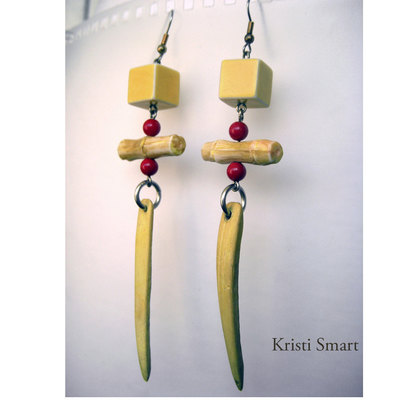 Bone and block long yellow statement  earrings
