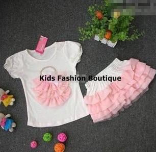 Girls White & Pink 2-Pieces Skirt Outfit