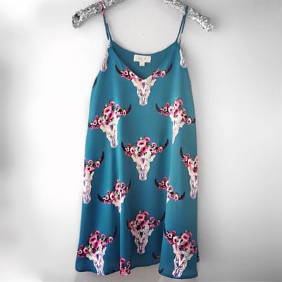 Teal Floral Bullhorn Dress w/Pockets