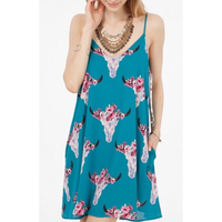 Teal Floral Bullhorn Dress w/Pockets - Thumbnail 1