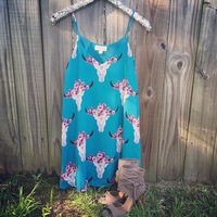 Teal Floral Bullhorn Dress w/Pockets - Thumbnail 2