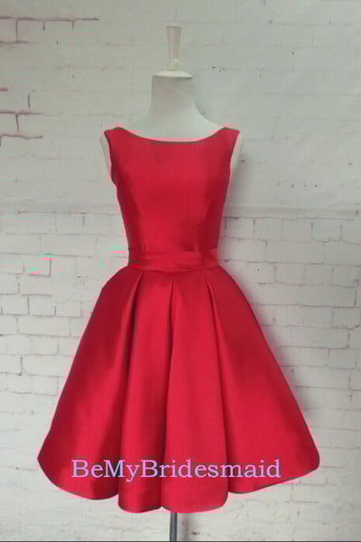 Lovely Red Satin Short Homecoming Dresses with Bow, Cute Prom Dresses