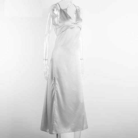 Silver Glossy Satin Maxi Slit Elegant Dress