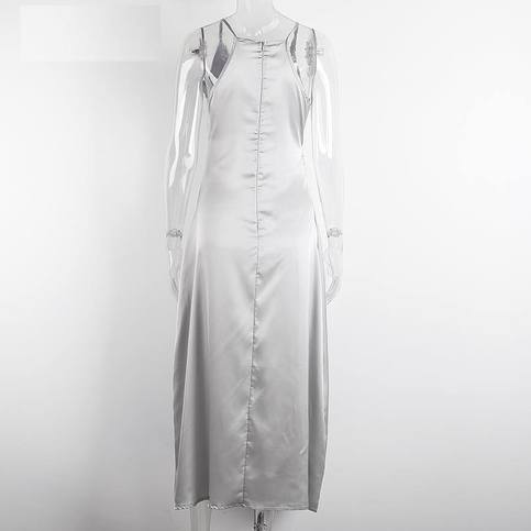 Silver Glossy Satin Maxi Slit Elegant Dress