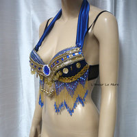 Blue and Gold Gypsy Bra Cosplay Dance Costume Rave Bra Rave Wear Halloween Burlesque Show Girl - Thumbnail 1