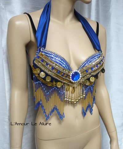 Blue and Gold Gypsy Bra Cosplay Dance Costume Rave Bra Rave Wear Halloween Burlesque Show Girl
