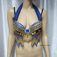 Blue and Gold Gypsy Bra Cosplay Dance Costume Rave Bra Rave Wear Halloween Burlesque Show Girl - Thumbnail 3