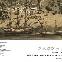 Sacramento City, California in 1850 - Bird's Eye View, Aerial, Panorama, Vintage, Antique map, Reproduction, Fine Art, Wall Map, History - Thumbnail 1