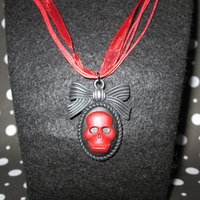 Red & Black Goth Loli Skull Cameo Necklace with Bow Frame - Thumbnail 2