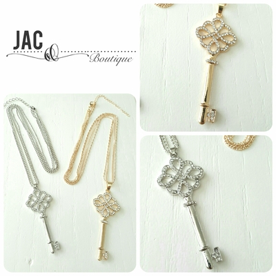 Key Long Necklace - Rhinestone Key Necklace - Silver or Gold Long Key Necklace - Double Chain Necklace