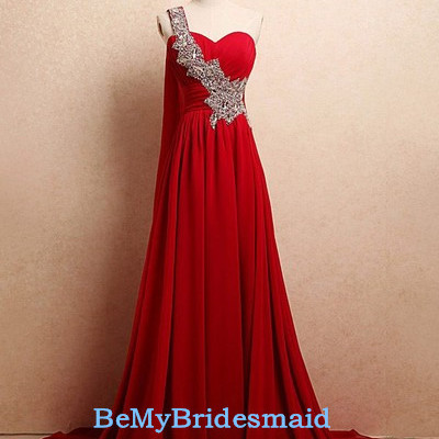 Beautiful red one shoulder chiffon long prom dress 2017, red prom dresses