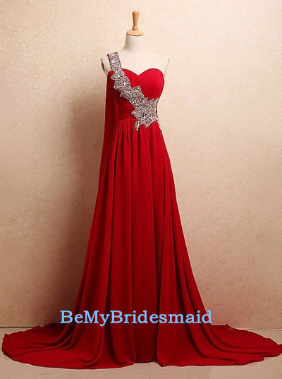 Beautiful Red One Shoulder Chiffon Long Prom Dress 2017, Red Prom Dresses