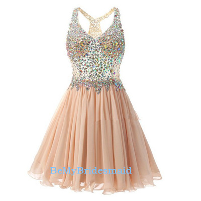 Adorable chiffon short beaded light pearl pink prom dresses, homecoming dresses, short party dresses