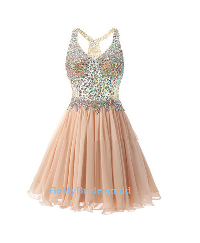 Adorable Chiffon Short Beaded Light Pearl Pink Prom Dresses, Homecoming Dresses, Short Party Dresses