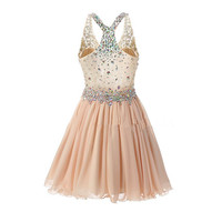 Adorable Chiffon Short Beaded Light Pearl Pink Prom Dresses, Homecoming Dresses, Short Party Dresses - Thumbnail 1