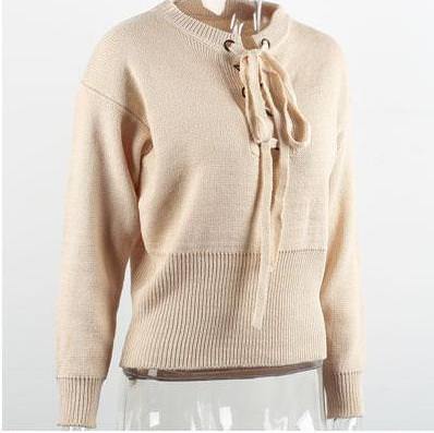 Oversized Lace Up Sweater Gray & Beige