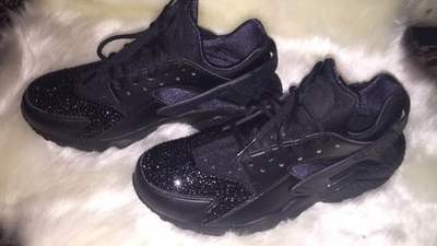 Crystal Frontal Swarovski Black Nike Huarache Womens Sneakers