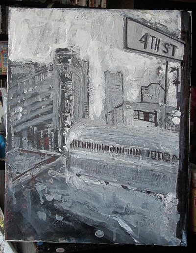 black and white street scene