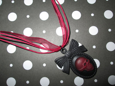 Burgundy & Black Goth Loli Skull Cameo Necklace with Bow Frame