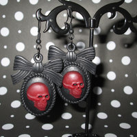 Burgundy & Black Goth Loli Skull Cameo Earrings with Bow Frames - Thumbnail 1