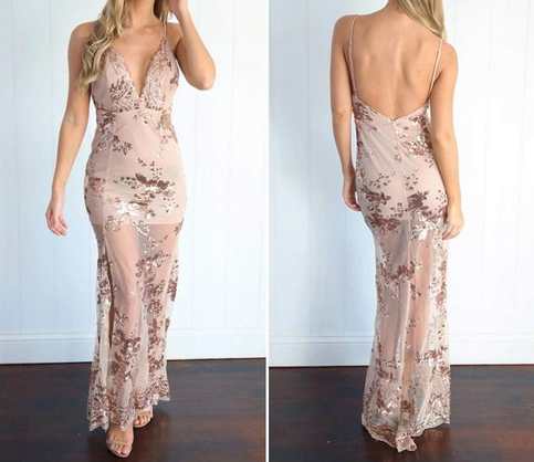 Gold Maxi Slit Elegant Sequined Nippon Flower Dress
