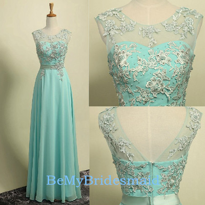 Beautiful Chiffon Long Mint Blue Prom Dresses, Mint Bridesmaid Dresses