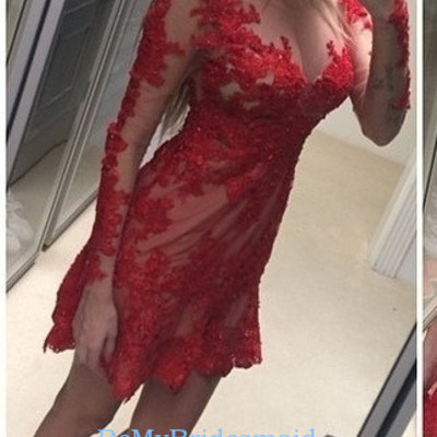 Sexy red tulle mini lace applique evening dresses, cocaktail dresses