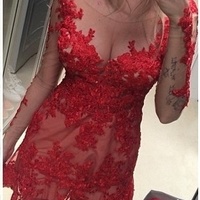 Sexy Red Tulle Mini Lace Applique Evening Dresses, Cocaktail Dresses - Thumbnail 1