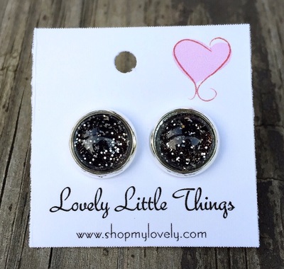 10mm Glitter Black Studs with Silver Setting 
