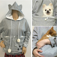 Cat Lovers With Cat Cuddle Pouch Kangaroo Pet Hoodies Kangaroo Ears Sweatshirt - Thumbnail 2