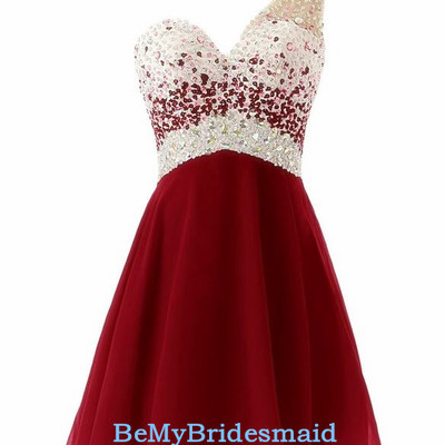 Adorable short one shoulder sequins prom dresses, wine red homecoming dresses
