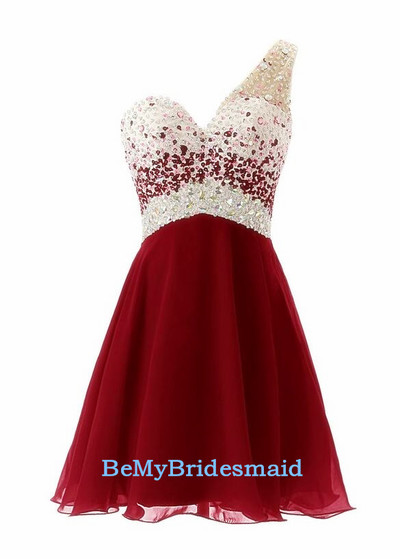 Adorable Short One Shoulder Sequins Prom Dresses, Wine Red Homecoming Dresses